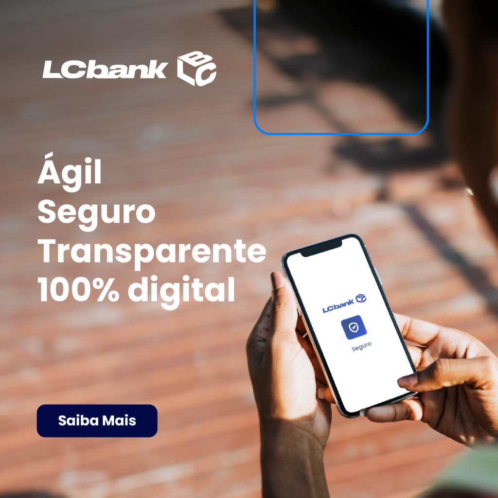 Logo LCbank e celular mostrando app de seguro digital, com texto "Ágil Seguro Transparente 100% digital