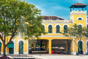 Edifício amarelo histórico com torre, em frente a uma árvore verde e fonte